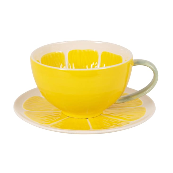Maisons du Monde Citron - Taza y platillo con limón de gres amarillo y verde