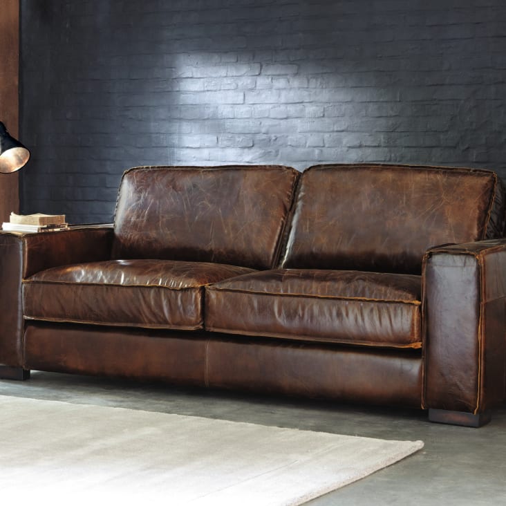 Maisons Du Monde Colonel - Sofá Vintage De 3 Plazas De Cuero Marrón