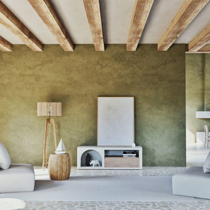 Maisons Du Monde COMMONS - Lámpara De Pie Trípode De Madera De Mango Con Pantalla De Rejilla De Hilo De Yute Trenzado A Mano Alt. 154