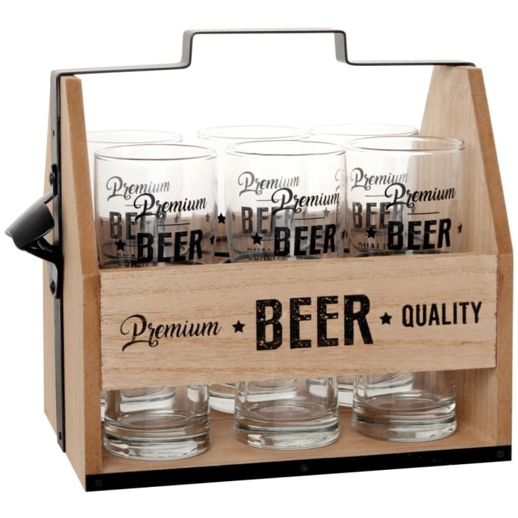 Maisons du Monde Conjunto de jarras de cerveza (x6) con soporte de madera de eucalipto
