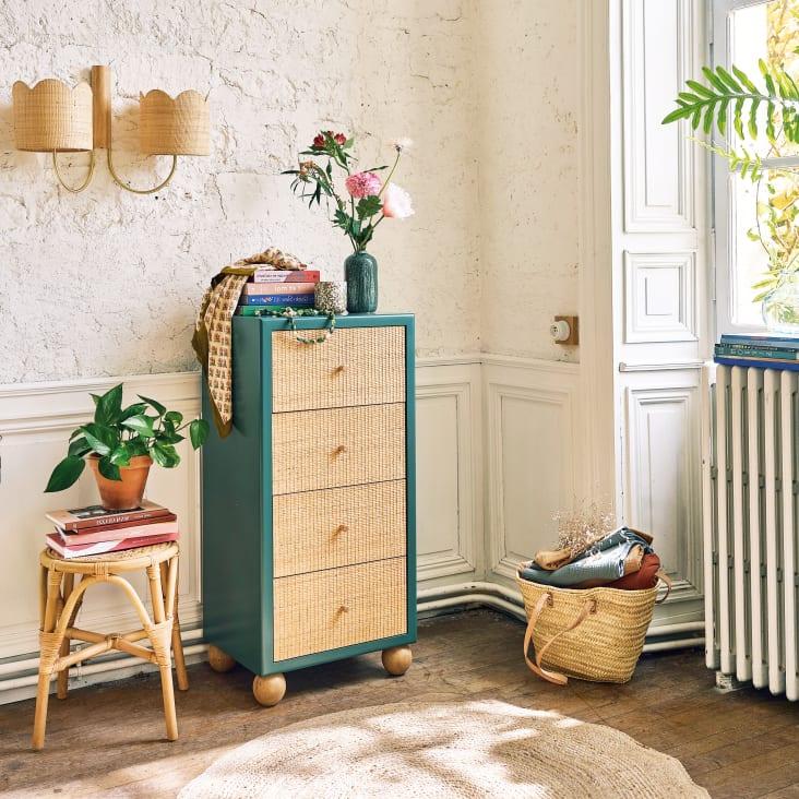 Maisons Du Monde DABALI - Cajonera Con 4 Cajones Verde Oscuro De Ratán Trenzado