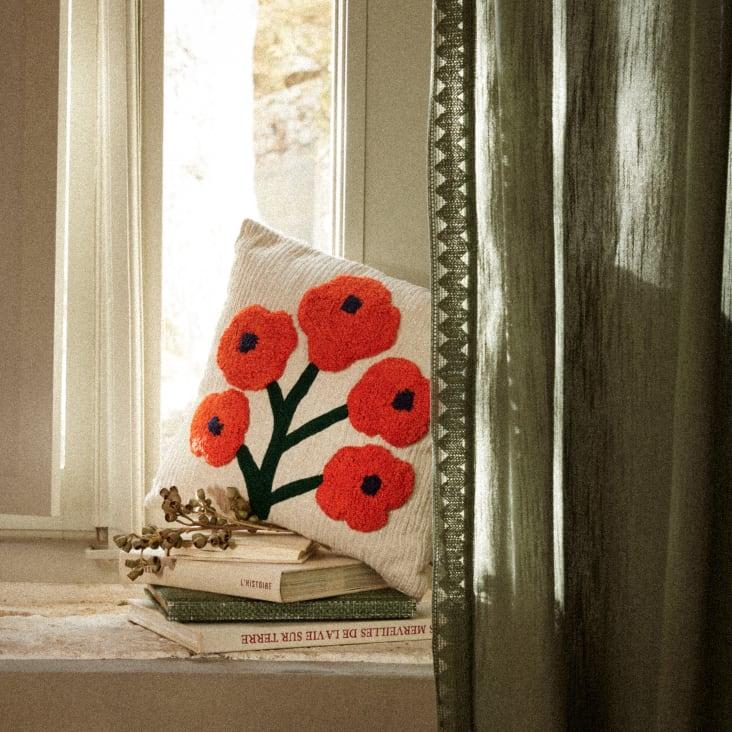 Maisons Du Monde Dahlia - Cojín En Mezcla De Algodón Y Lino Con Motivo Floral Empenachado En Crudo Naranja Y Verde 40x40