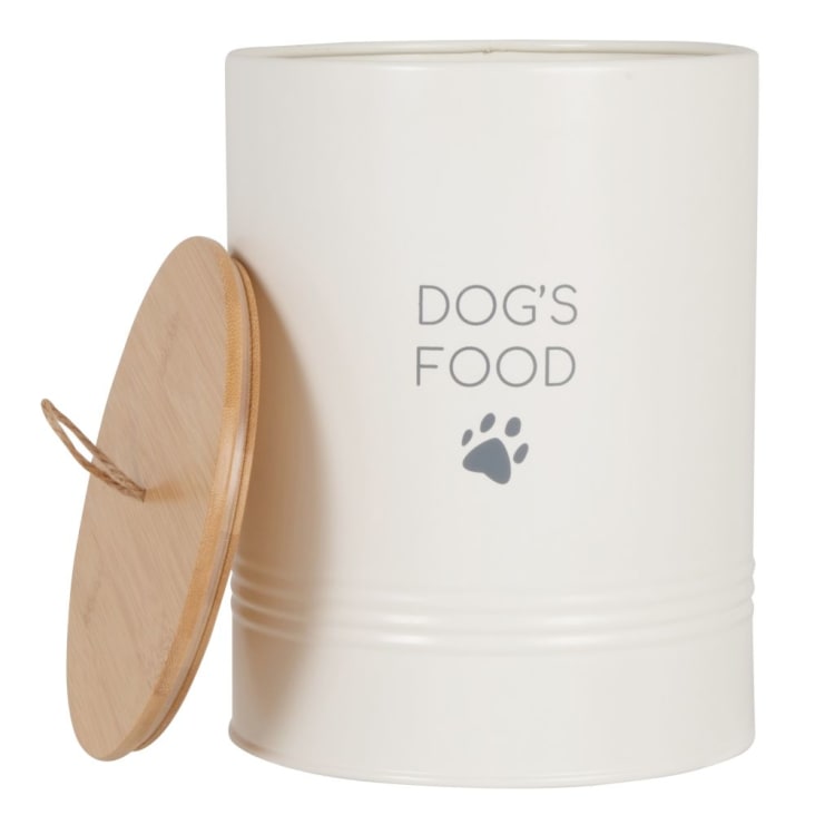 Maisons Du Monde DOGGY - Bote De Comida Para Perros De Metal Blanco Con Tapa De Bambú