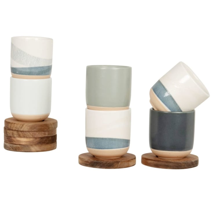 Maisons Du Monde DOLICHE - Juego De Tazas De Cerámica Azul Y Crema (x6) Con Platillos De Madera De Acacia
