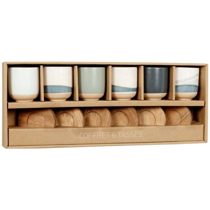 Maisons du Monde DOLICHE - Juego de tazas de cerámica azul y crema (x6) con platillos de madera de acacia