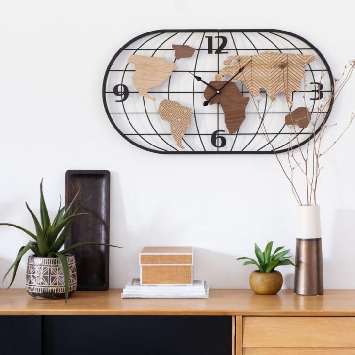 Maisons Du Monde DURBAN - Reloj Mapamundi De Metal Negro Y Marrón 81x44