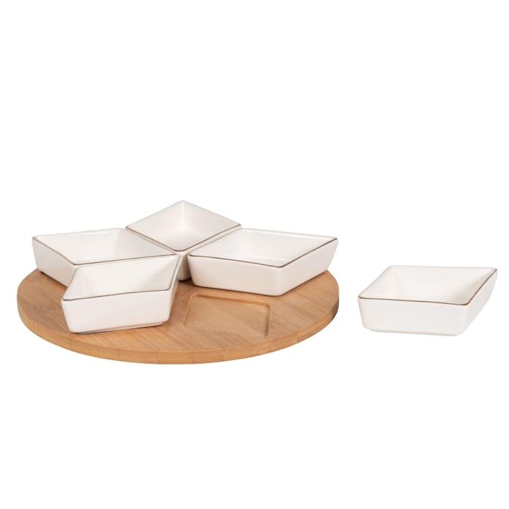 Maisons Du Monde Etoile - Juego De 5 Cuencos De Gres Blanco Y Dorado Y Bandeja De Bambú