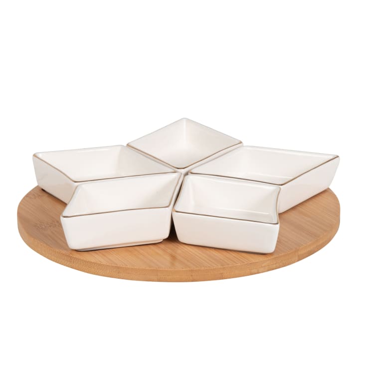 Maisons du Monde Etoile - Juego de 5 cuencos de gres blanco y dorado y bandeja de bambú