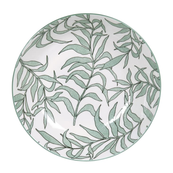 Maisons Du Monde EVORA - Lote De 6 - Plato Hondo De Porcelana Blanca Con Motivo Vegetal Verde