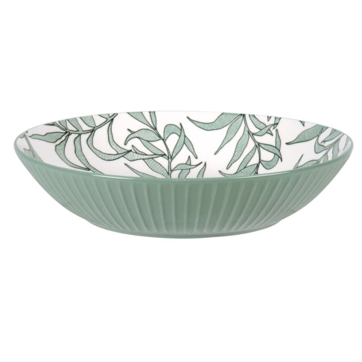 Maisons Du Monde EVORA - Lote De 6 - Plato Hondo De Porcelana Blanca Con Motivo Vegetal Verde
