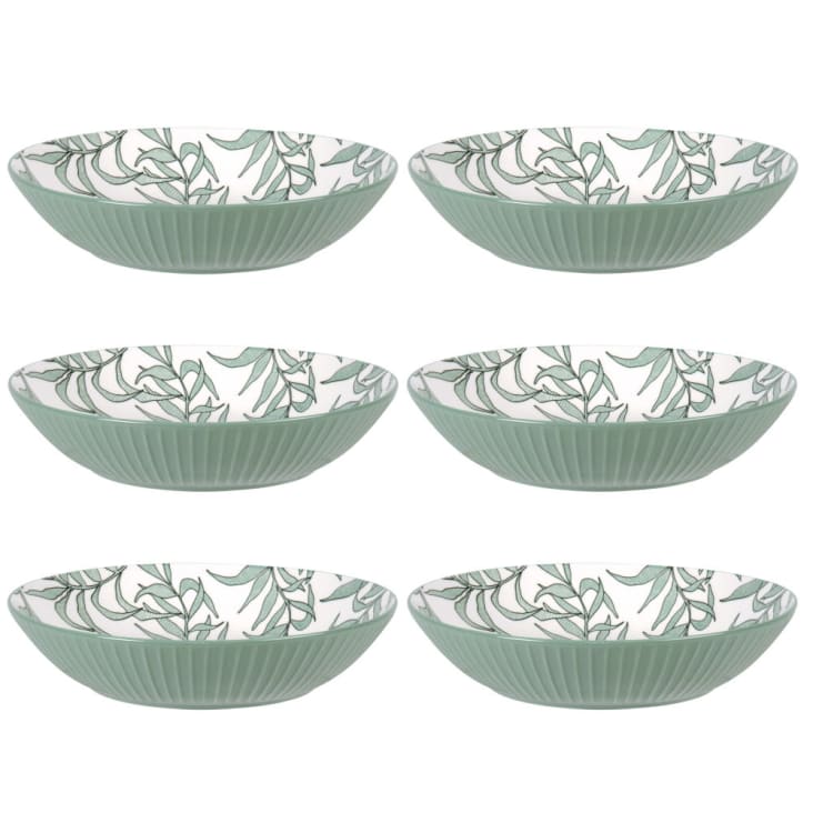 Maisons du Monde EVORA - Lote de 6 - Plato hondo de porcelana blanca con motivo vegetal verde