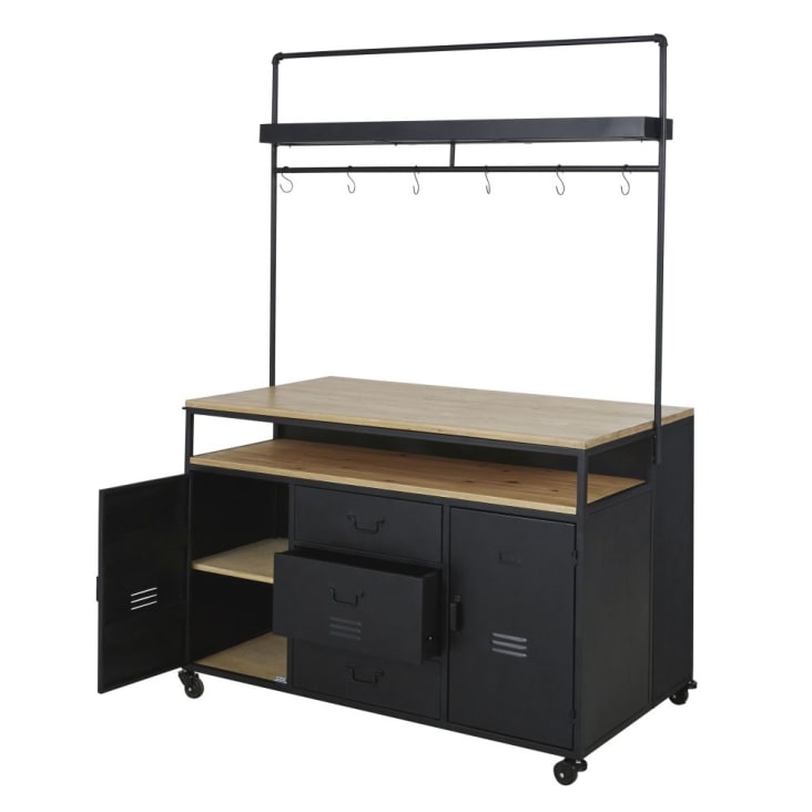 Maisons Du Monde Evrard - Bar Con Ruedas 2 Puertas Y 3 Cajones De Metal Negro/pino Macizo