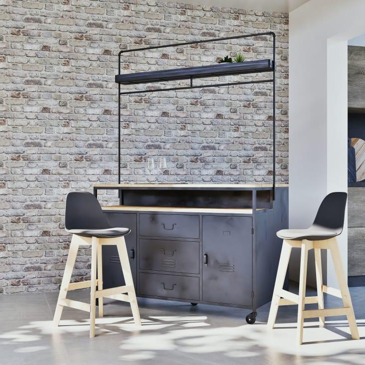 Maisons Du Monde Evrard - Bar Con Ruedas 2 Puertas Y 3 Cajones De Metal Negro/pino Macizo