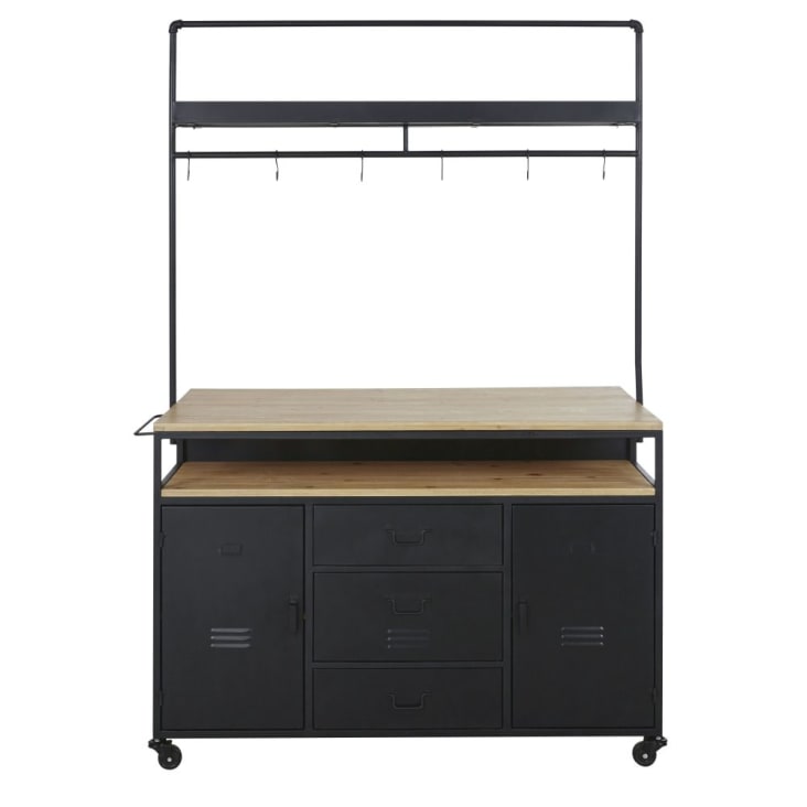 Maisons du Monde Evrard - Bar con ruedas 2 puertas y 3 cajones de metal negro/pino macizo