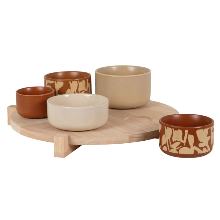 Maisons Du Monde Ewan - Set De 5 Cuencos De Cerámica Y Bandeja De Madera Marrón Beige Y Blanco