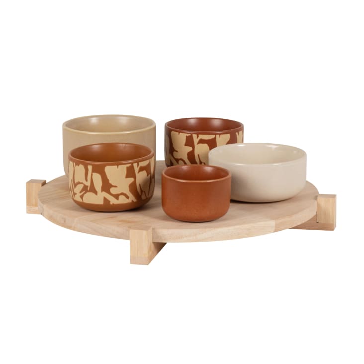 Maisons du Monde Ewan - Set de 5 cuencos de cerámica y bandeja de madera marrón beige y blanco