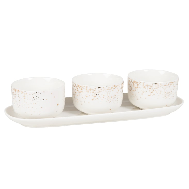 Maisons du Monde Faustine - Set de 3 cuencos de porcelana blanca y dorada y bandeja blanca