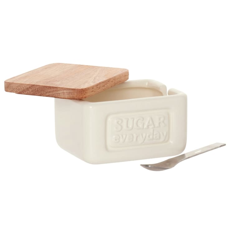Maisons Du Monde Felix - Azucarero De Dolomita Cuchara De Acero Y Tapa De Bambú De 7 Cm
