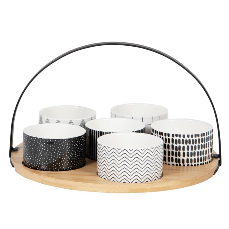 Maisons Du Monde FELIX - Cuencos Aperitivo Porcelana Negra Y Blanca (x6) Y Plato De Bambú