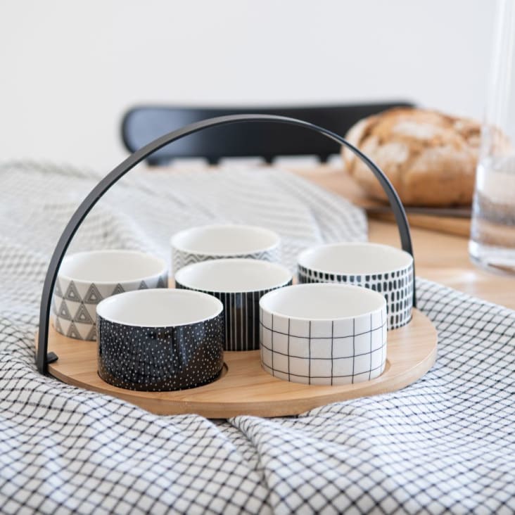 Maisons Du Monde FELIX - Cuencos Aperitivo Porcelana Negra Y Blanca (x6) Y Plato De Bambú