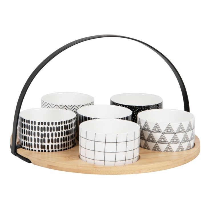 Maisons du Monde FELIX - Cuencos aperitivo porcelana negra y blanca (x6) y plato de bambú