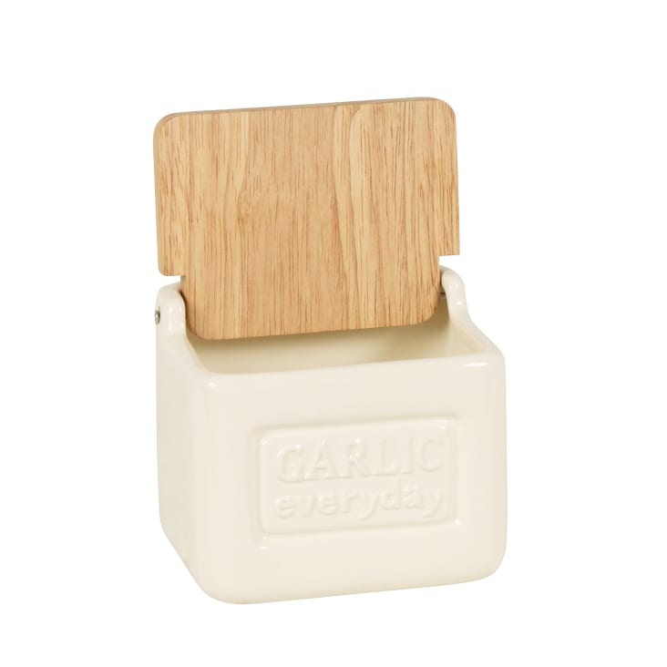 Maisons Du Monde Felix - Recipiente Para Ajos De Dolomita Con Tapa De Madera Bicolor Alt. 25 Cm