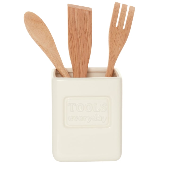 Maisons du Monde Felix - Tarro de dolomita bicolor y utensilios de madera de caucho Alt. 25 cm