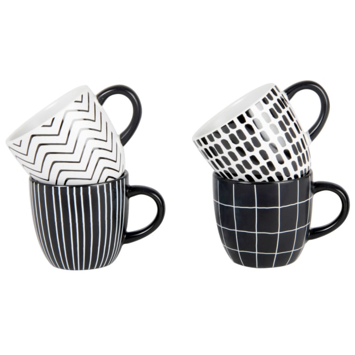 Maisons Du Monde FELIX - Tazas De Gres Negro/blanco Motivo Gráfico (x4) Soporte De Metal Negro