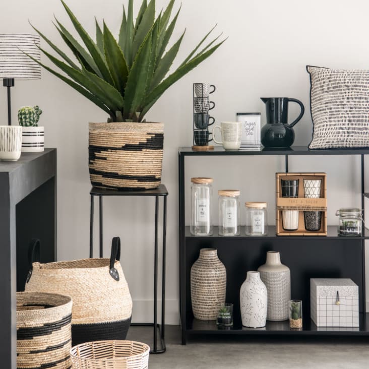 Maisons Du Monde FELIX - Tazas De Gres Negro/blanco Motivo Gráfico (x4) Soporte De Metal Negro