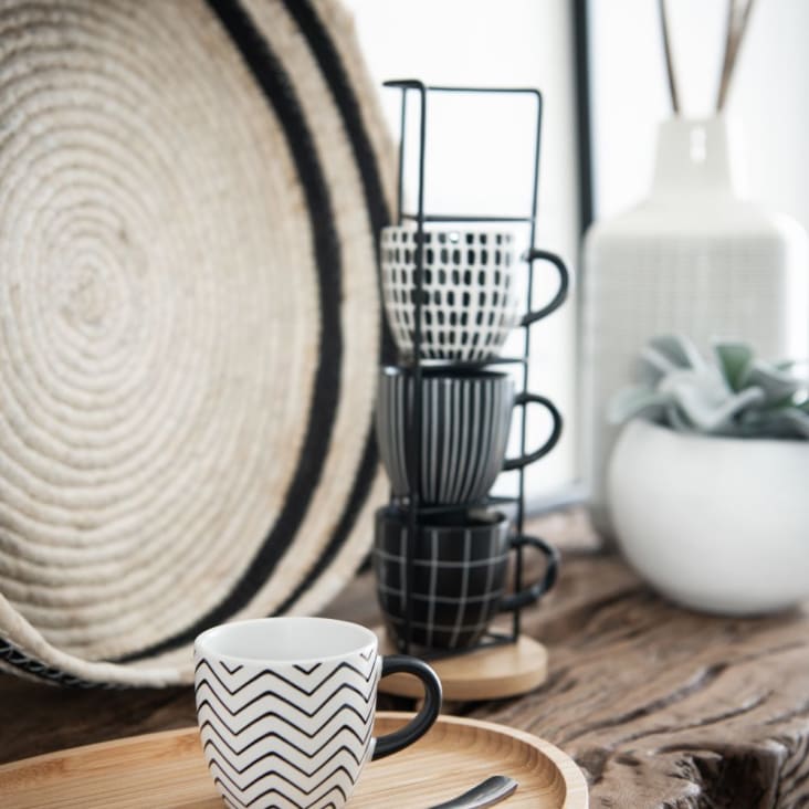 Maisons Du Monde FELIX - Tazas De Gres Negro/blanco Motivo Gráfico (x4) Soporte De Metal Negro