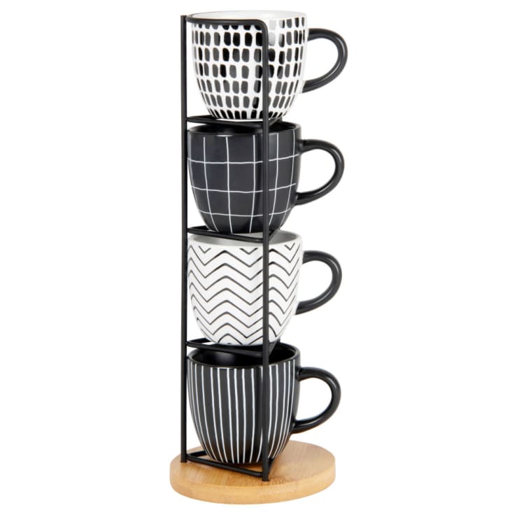 Maisons du Monde FELIX - Tazas de gres negro/blanco motivo gráfico (x4) soporte de metal negro