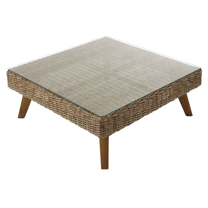 Maisons Du Monde Feroe - Mesa Baja De Jardín De Vidrio Templado Y Resina Trenzada L. 80cm