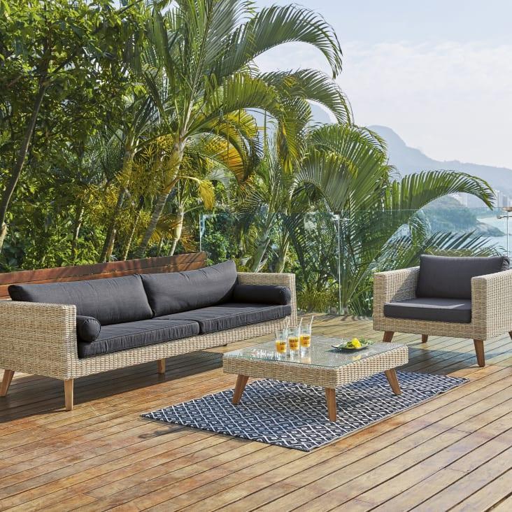 Maisons Du Monde Feroe - Mesa Baja De Jardín De Vidrio Templado Y Resina Trenzada L. 80cm