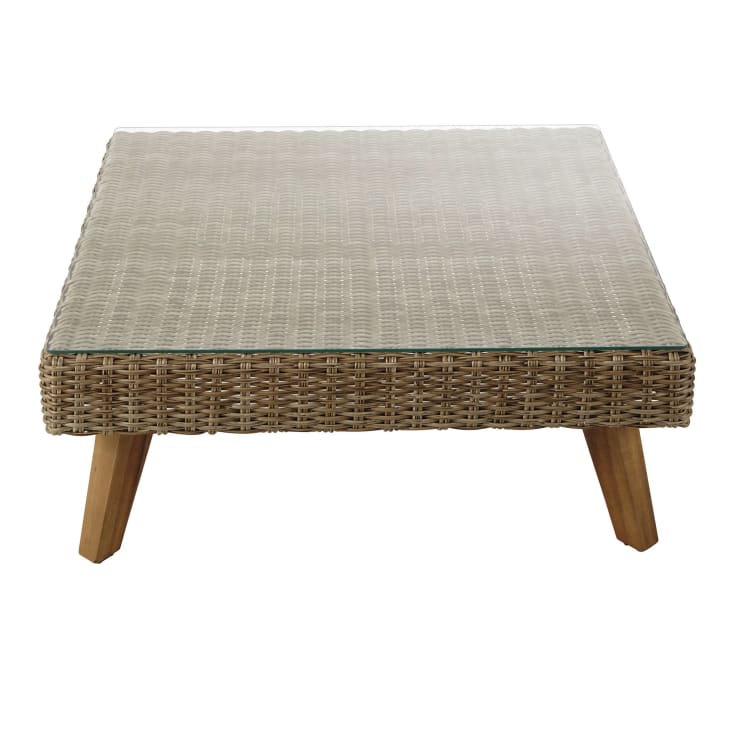 Maisons du Monde Feroe - Mesa baja de jardín de vidrio templado y resina trenzada L. 80cm