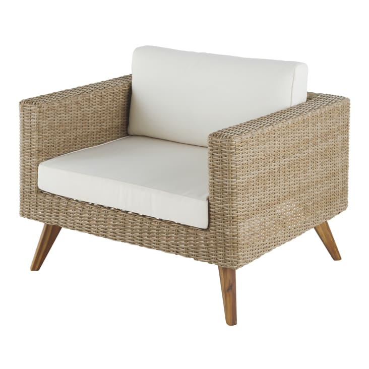 Maisons Du Monde Feroe - Sillón De Jardín De Resina Trenzada En Beige Con Cojines En Color Crudo