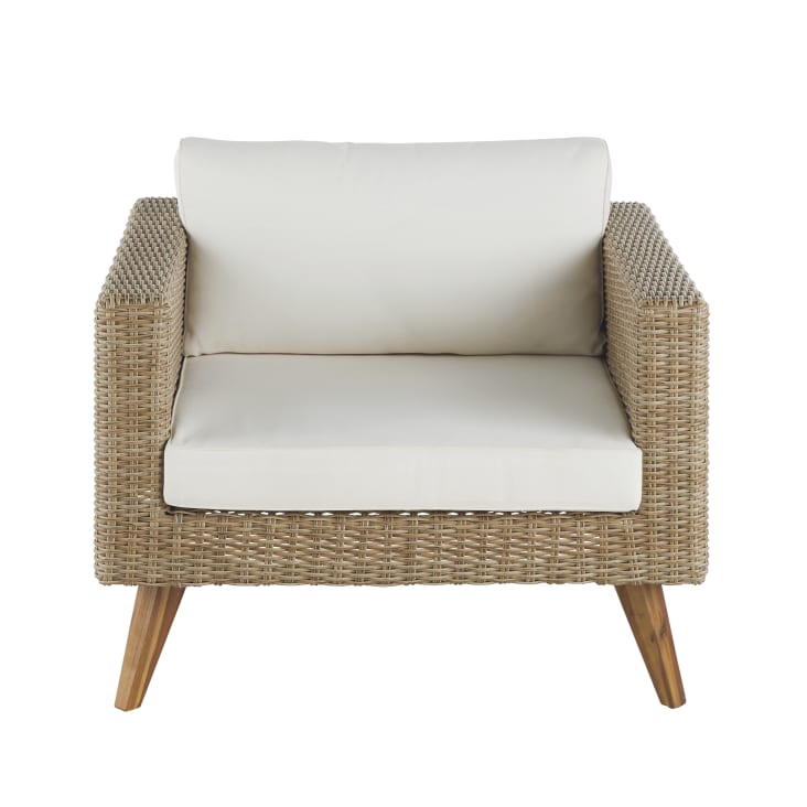 Maisons du Monde Feroe - Sillón de jardín de resina trenzada en beige con cojines en color crudo