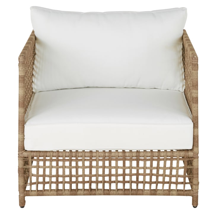 Maisons Du Monde Flores - Sillón De Jardín De Resina Trenzada Efecto Ratán Con Cojines Color Crudo