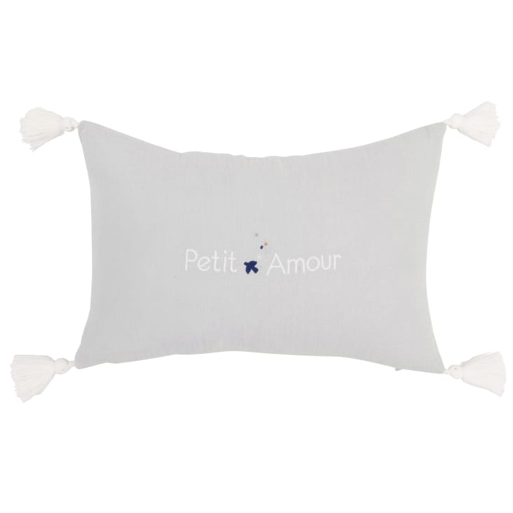 Maisons du Monde Gabriel - Cojín bordado de algodón orgánico azul blanco y gris con borlas 24x40
