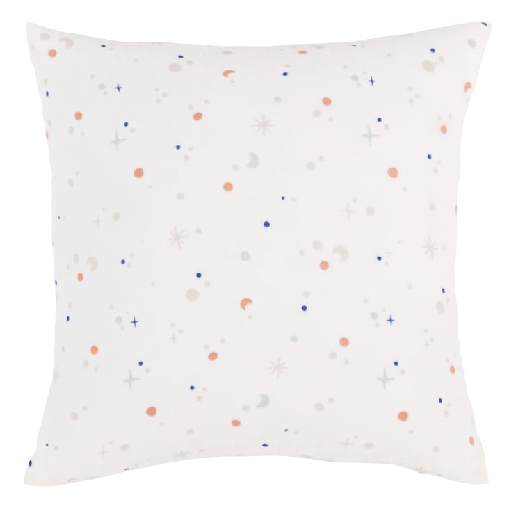Maisons Du Monde Gabriel - Cojín De Algodón Orgánico Con Estampado De Luna Y Estrellas En Blanco Azul Y Beige 30x30