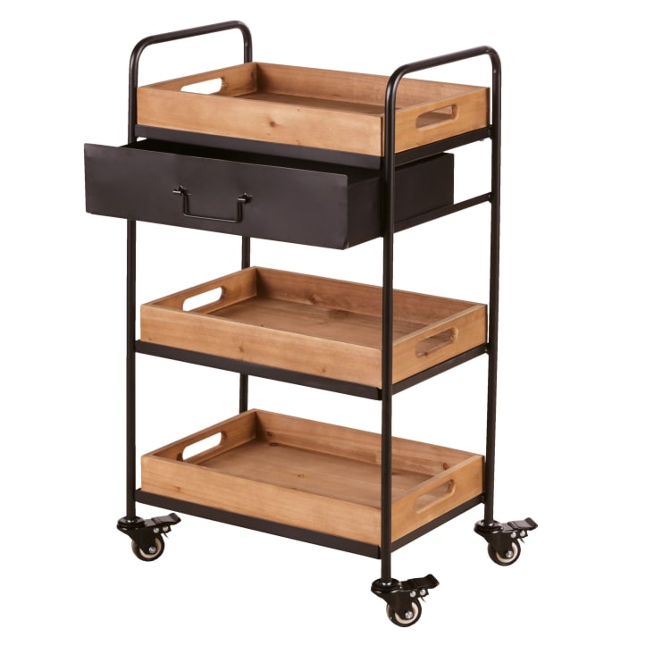 Maisons Du Monde GEORGE - Carro De Metal Negro De 1 Cajón Con 3 Estantes De Abeto Sobre Ruedas