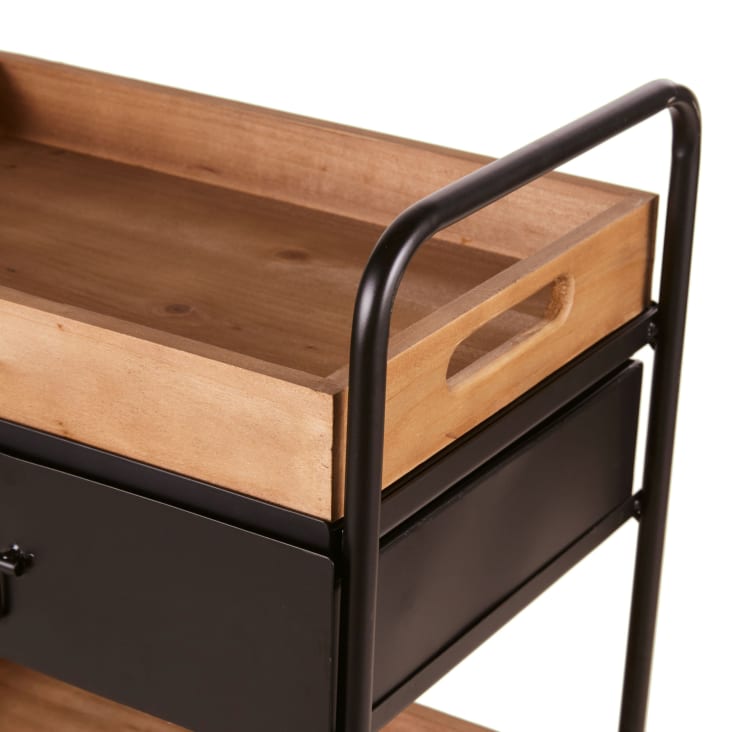 Maisons Du Monde GEORGE - Carro De Metal Negro De 1 Cajón Con 3 Estantes De Abeto Sobre Ruedas