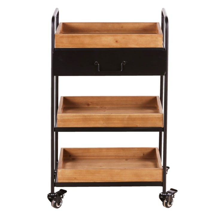 Maisons du Monde GEORGE - Carro de metal negro de 1 cajón con 3 estantes de abeto sobre ruedas