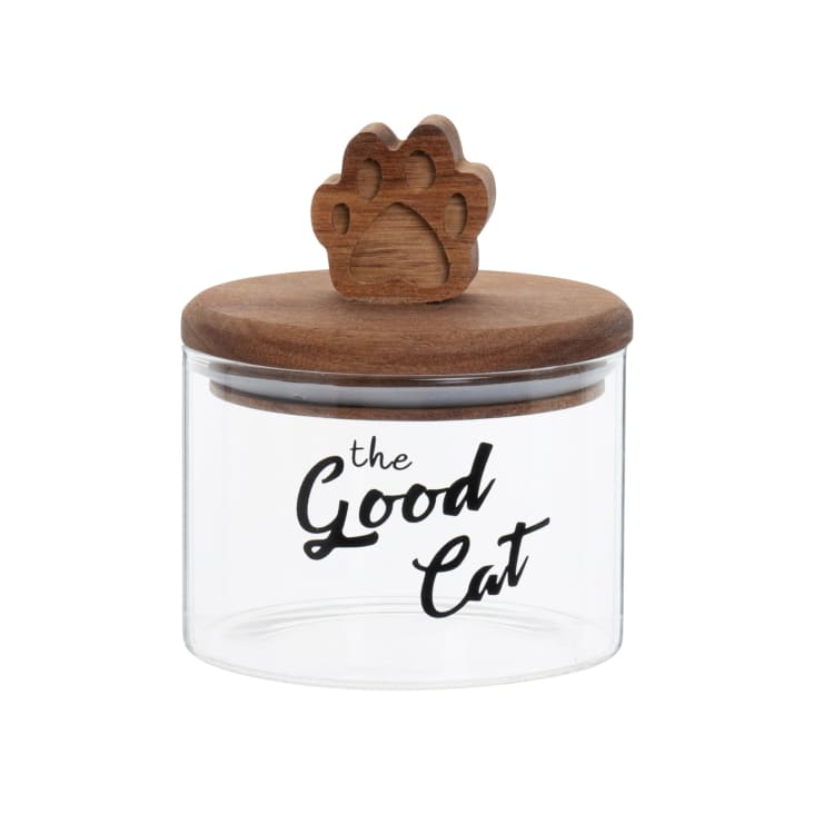 Maisons du Monde GOOD CAT - Caja de cristal estampado negro con tapa de madera de acacia