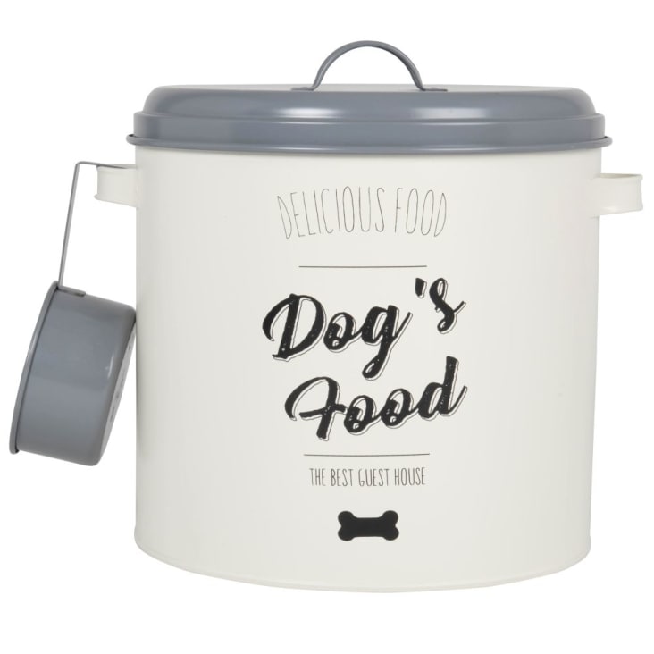 Maisons du Monde GOURMET DOG - Caja para comida de mascotas de metal color crudo con estampado Alt. 27