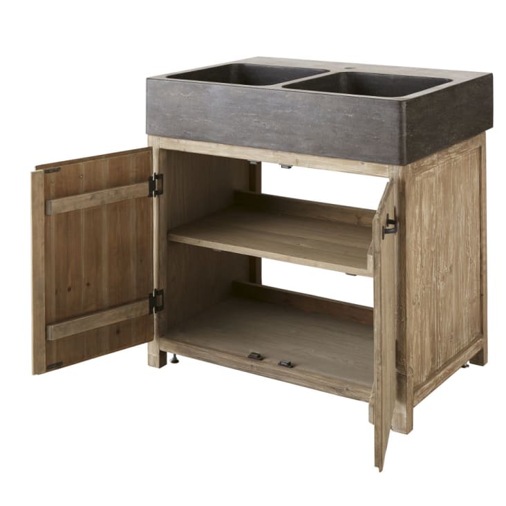 Maisons Du Monde Greta - Mueble Bajo De Cocina Con 2 Fregaderos De Piedra Y 2 Puertas De Pino Reciclado Grisáceo