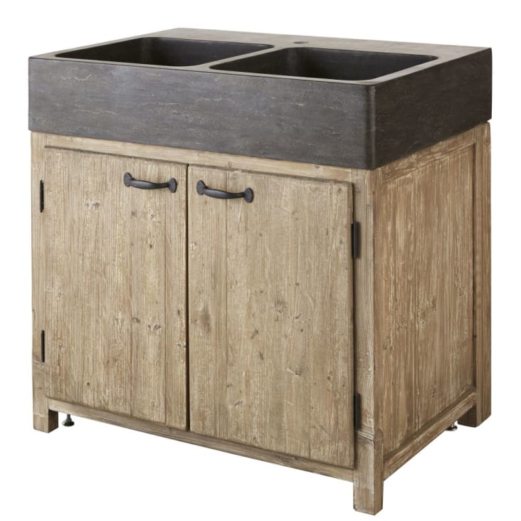 Maisons Du Monde Greta - Mueble Bajo De Cocina Con 2 Fregaderos De Piedra Y 2 Puertas De Pino Reciclado Grisáceo