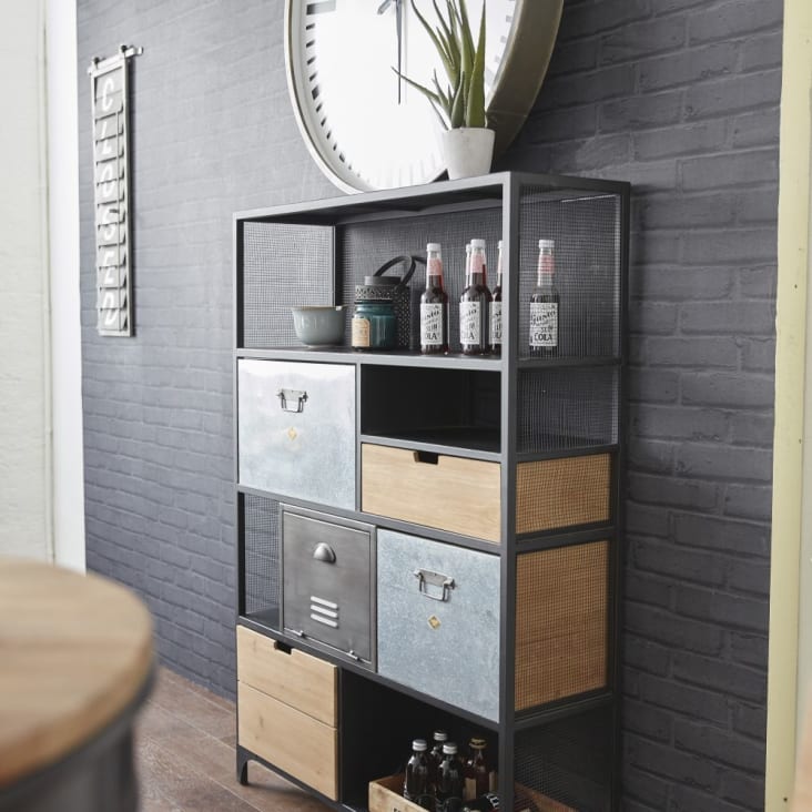 Maisons Du Monde Harvey - Estantería Industrial Con 4 Cajones Y 1 Puerta De Abeto Y Metal