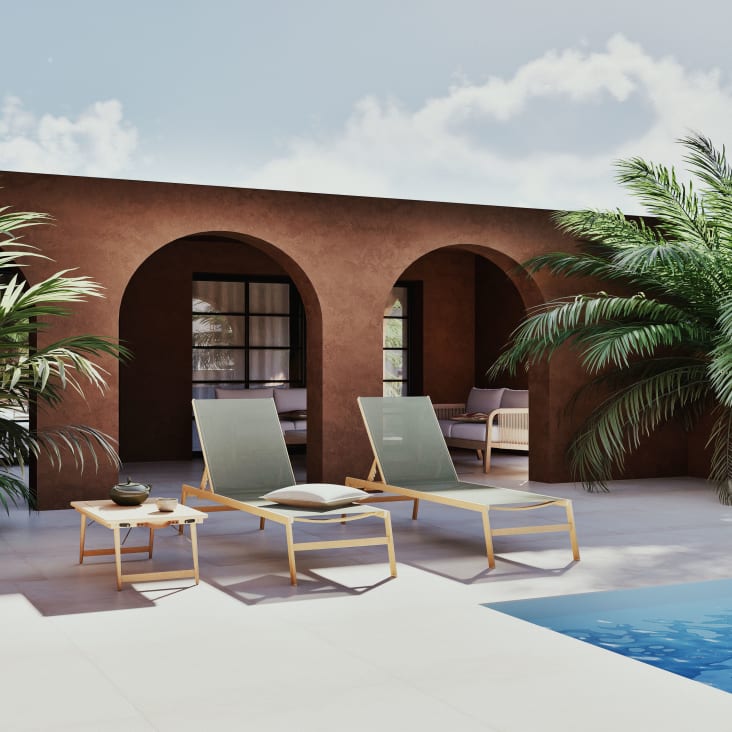 Maisons Du Monde Hawai - Tumbona De Aluminio Efecto Madeira Y Tela Plastificada Verde Caqui