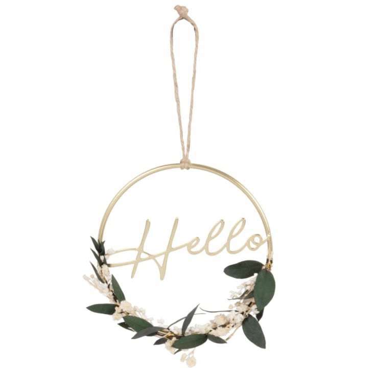 Maisons du Monde HELLO - Decoración de pared en forma de corona de metal dorado y flores secas beiges y verdes 30x40