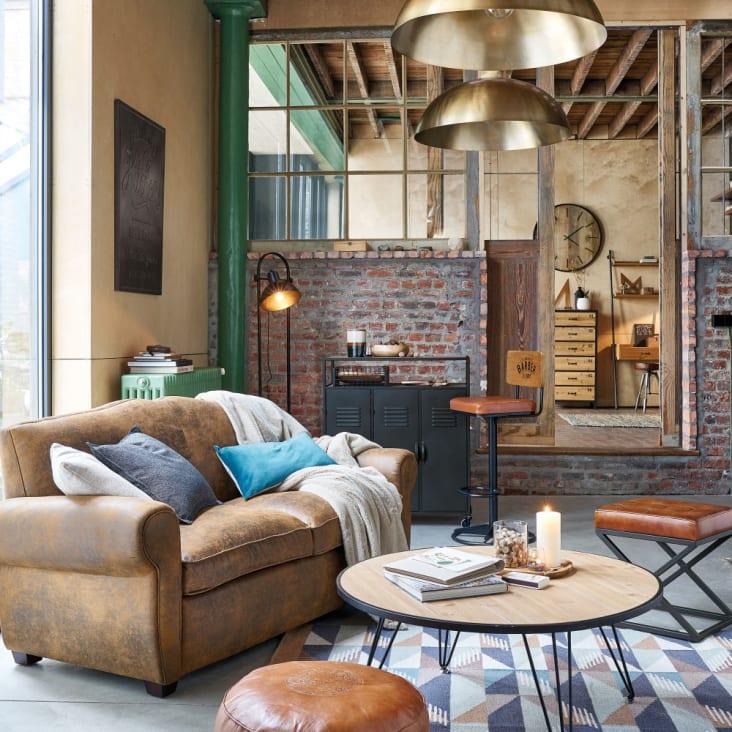 Maisons Du Monde HENOR - Taburete De Piel Marrón Y Metal Negro